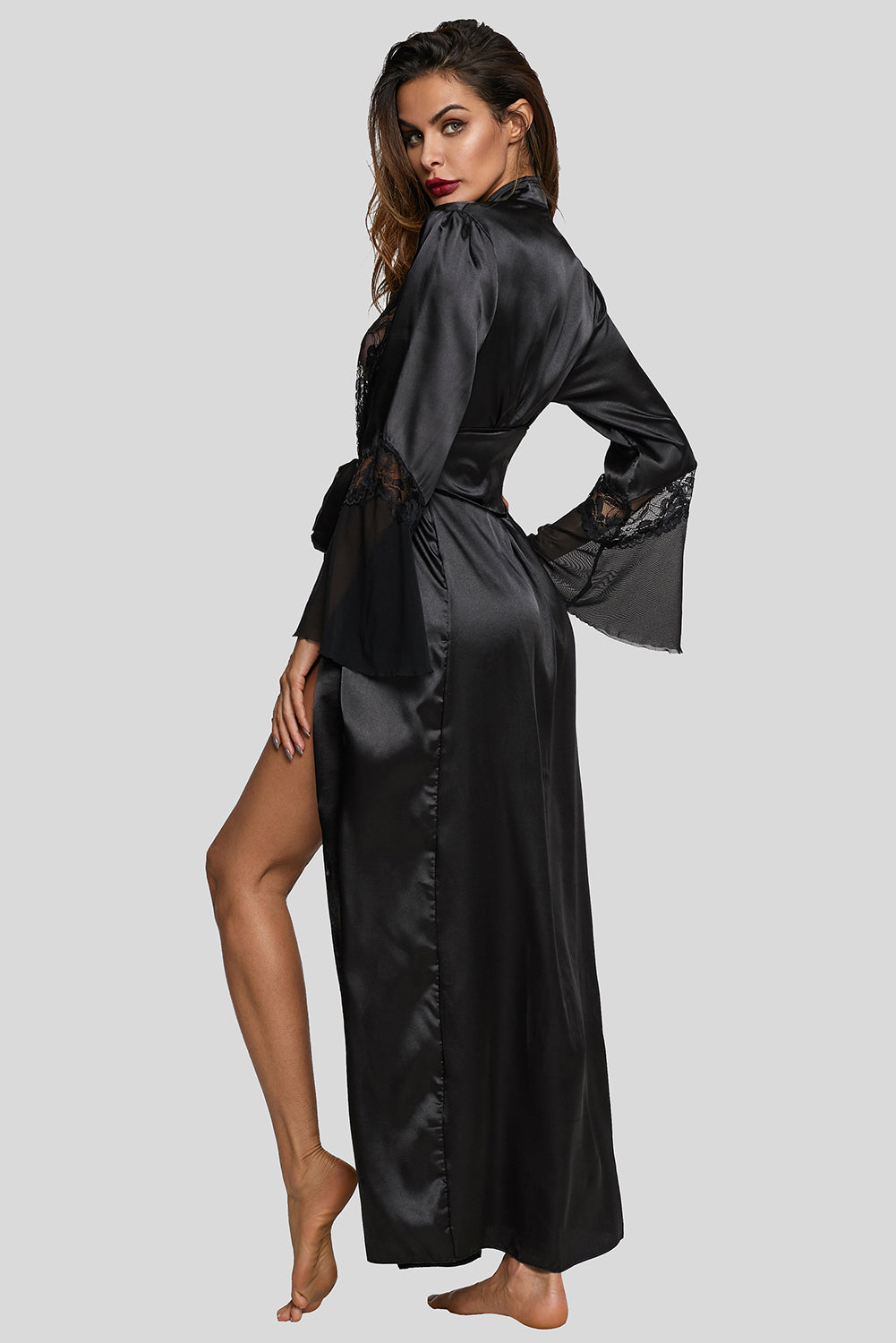 Luxury Satin and Lace Long Robe - Black